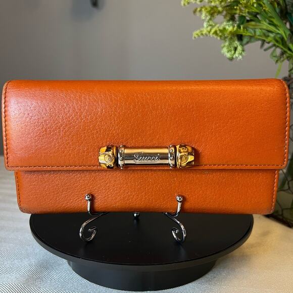 Authentic GUCCI Bamboo Accent Long Continental Orange Leather Wallet - Picture 1 of 10